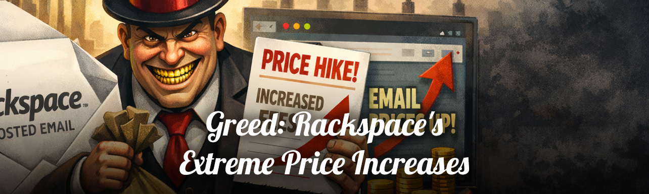 Header image for the blog post which features an image of a greedy man holding bags of money who works for Rackspace, and the title of the blog post