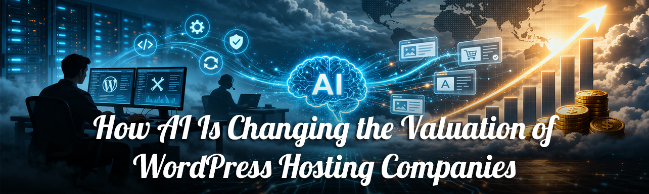 AI and WordPress hosting valuation concept with growth chart and server infrastructure