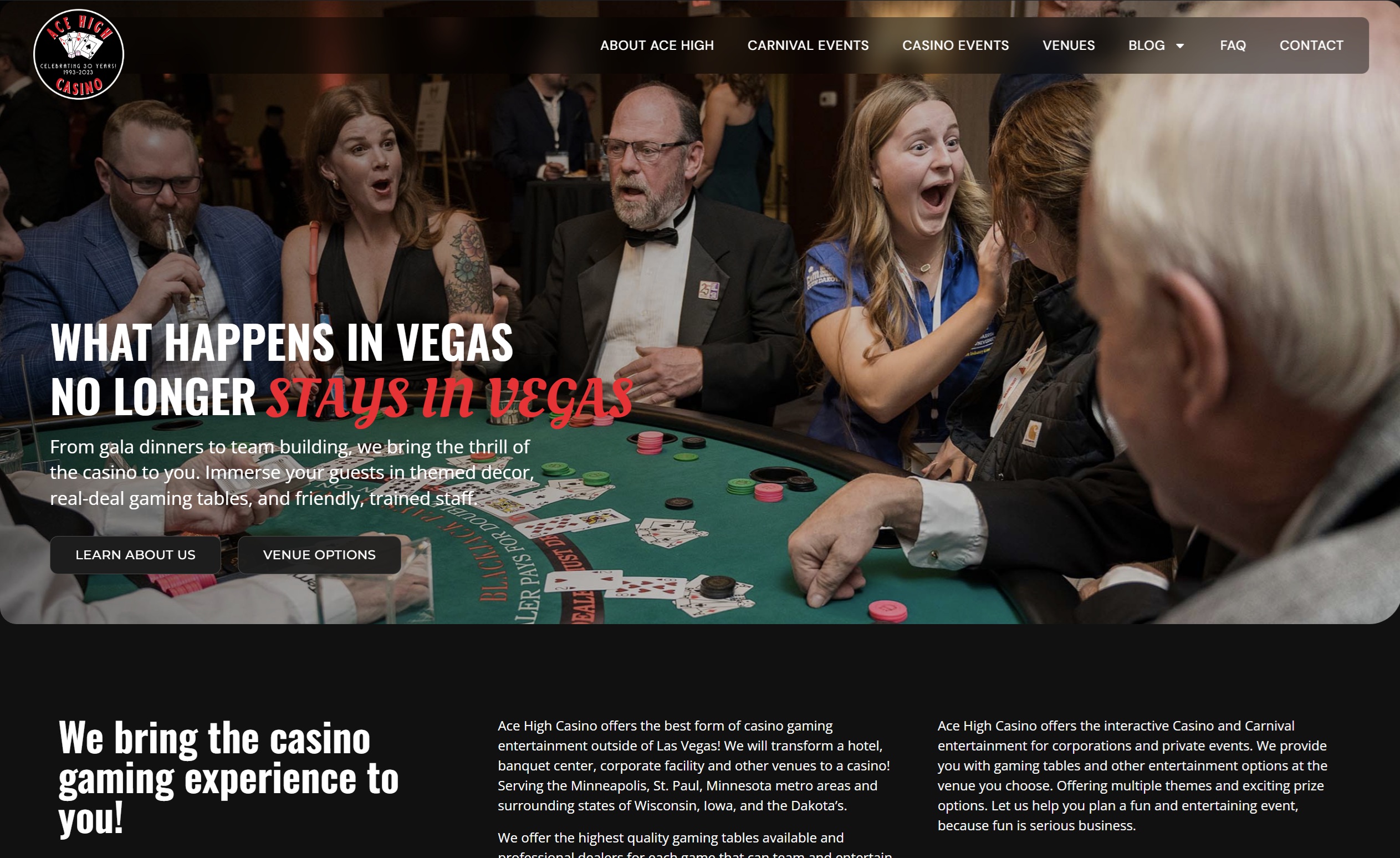 WordPress website design for Minneapolis-based casino event company Ace High Casino