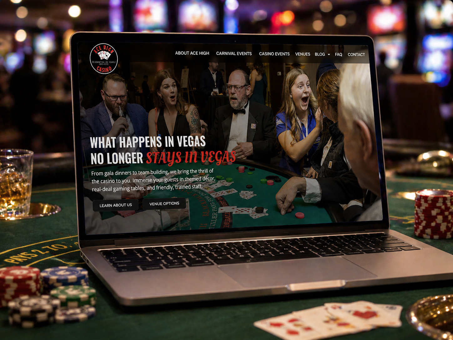 Dynamic casino event website design for Ace Entertainment, featuring engaging visuals and a bold layout built to promote live entertainment experiences.