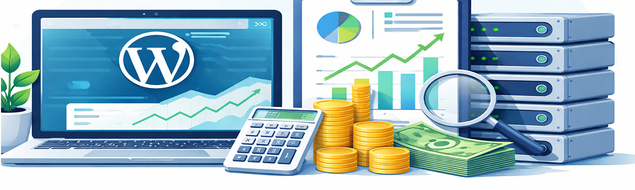 Illustration of WordPress hosting business growth, servers, and financial charts