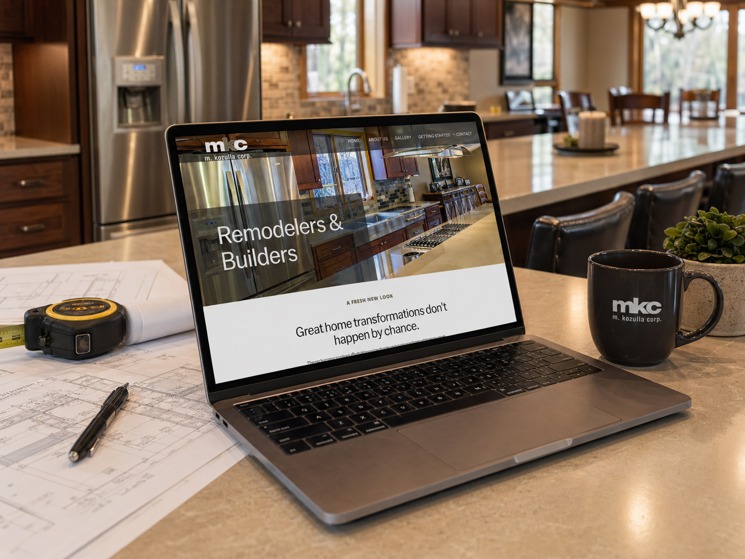 Professional remodeler and builder website design for M Kozulla, highlighting craftsmanship, home transformations, and clean, modern layout structure.