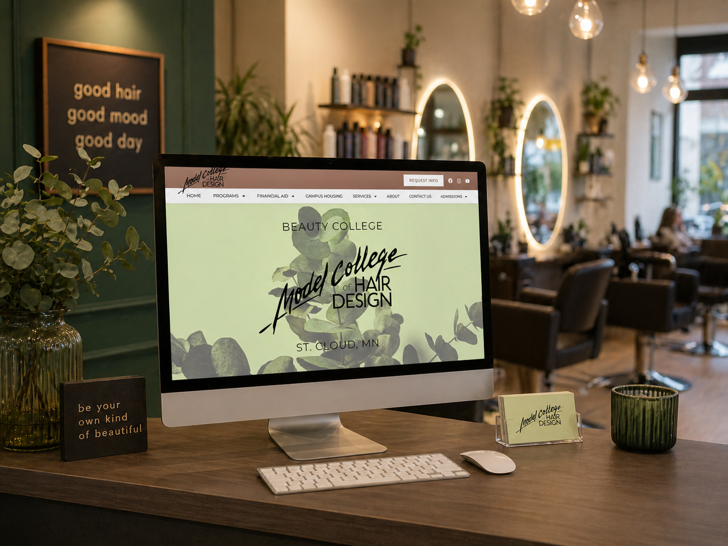 Clean and modern beauty school website design for Model College of Hair Design, built to showcase programs, admissions, and student resources.
