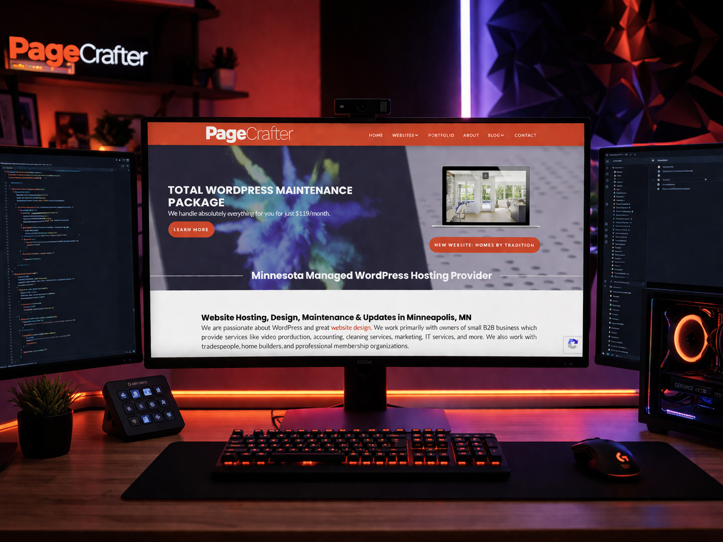 Modern WordPress hosting and website design services by PageCrafter, based in Minneapolis, MN, specializing in performance, maintenance, and custom builds.