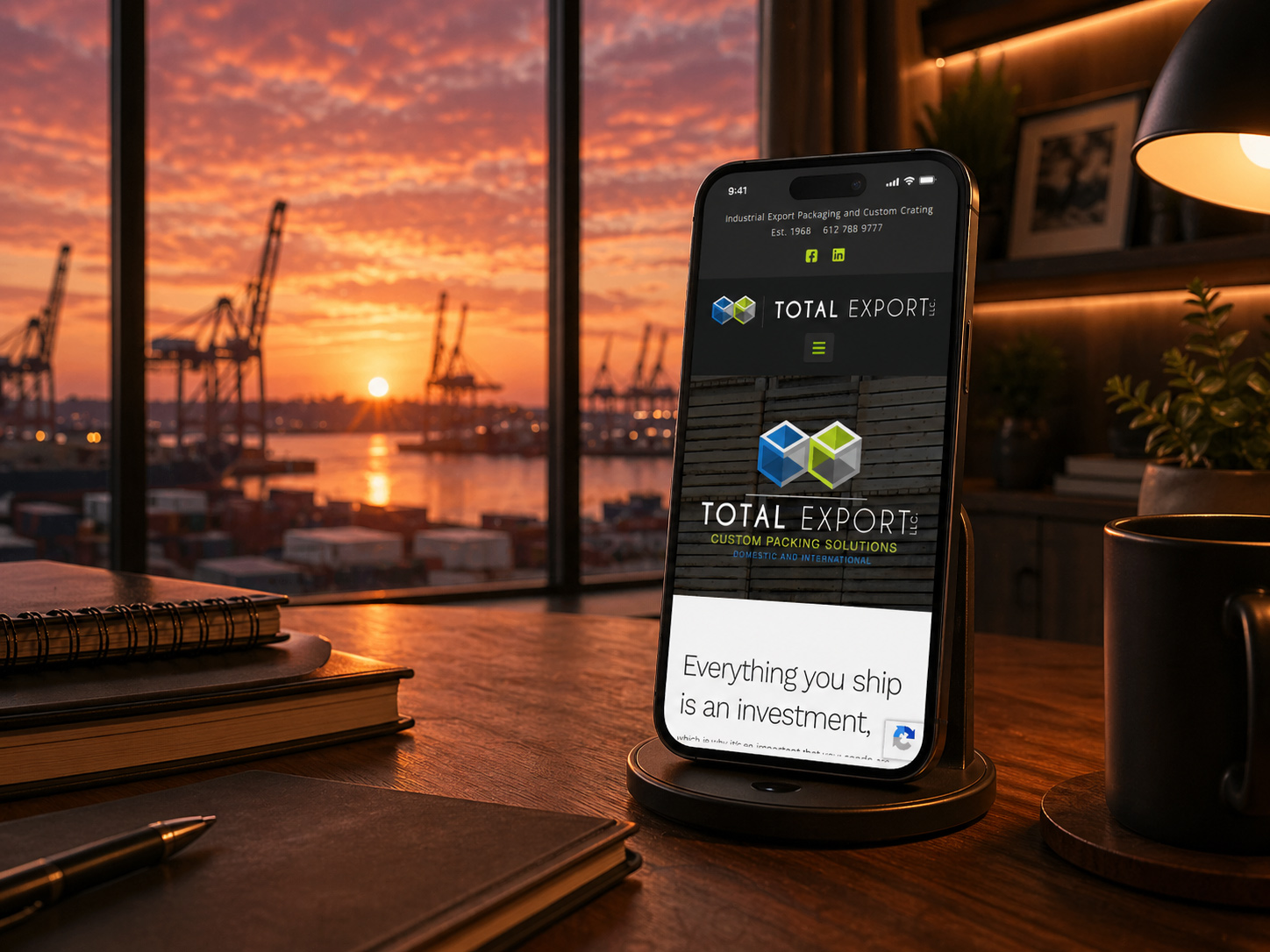 Mobile-friendly website design for Total Export, a custom packaging solutions company focused on industrial shipping and logistics services.
