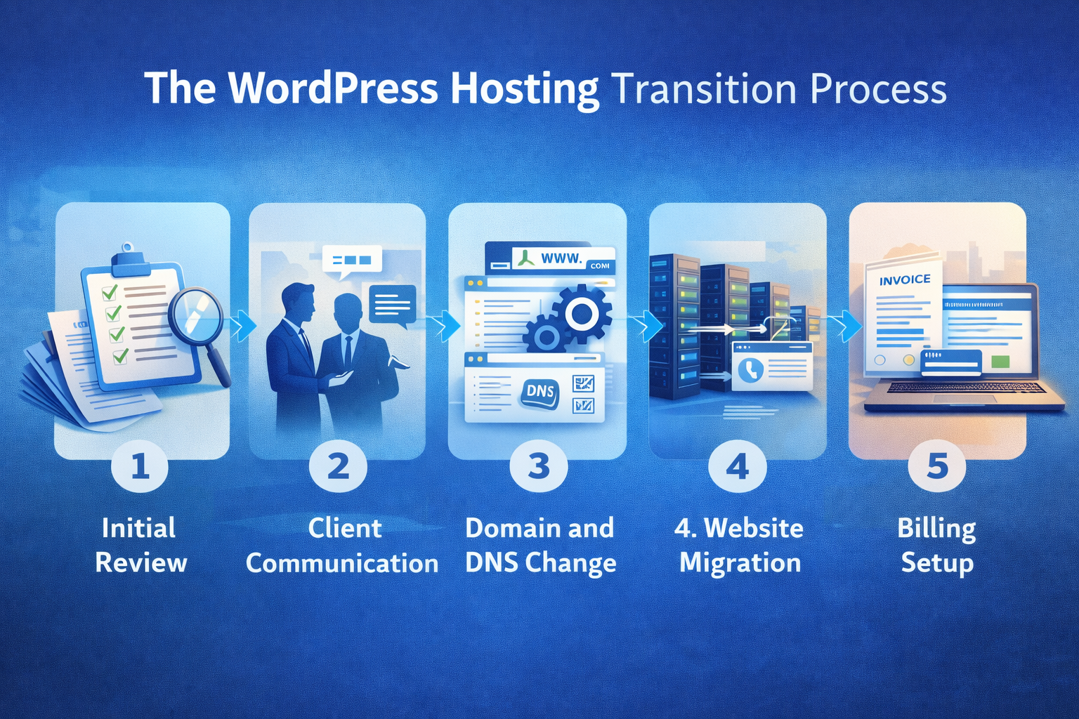 Step-by-step illustration of a WordPress hosting business acquisition process including client communication, DNS changes, website migration, and billing setup