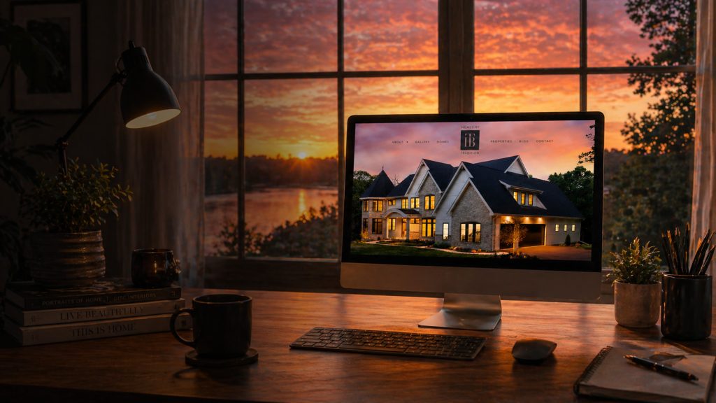 Homes by Tradition custom home builder website displayed on a desktop computer in a modern home office with sunset view