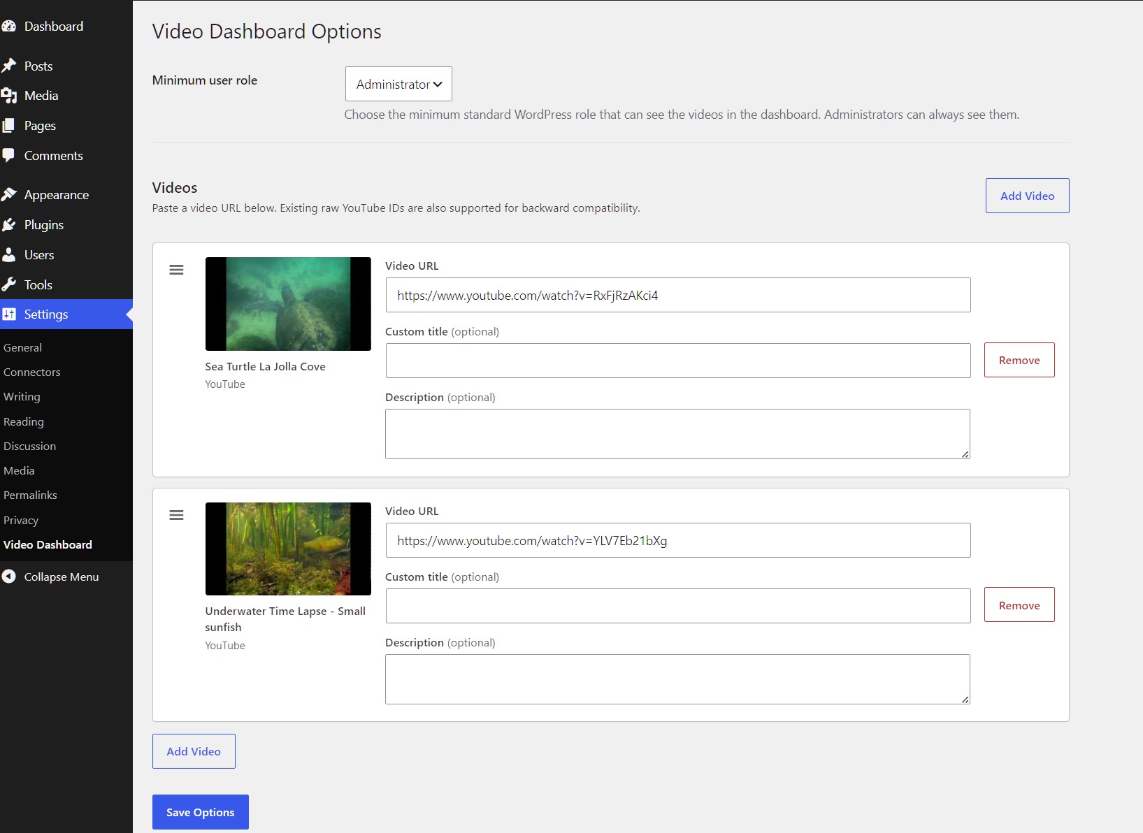 Video Dashboard WordPress plugin settings with video previews, drag-and-drop ordering, titles, and descriptions